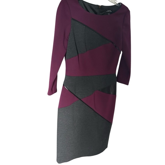 Tahari ASL Colorblock Bodycon Dress Sz 4 Burgundy Black Faux Leather Stretch Zip - Picture 2 of 9